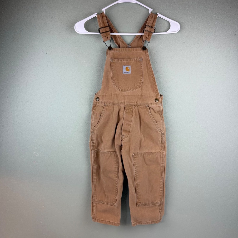 Carhartt Kids Brown Canvas Bib‎ Overalls Double Knee 4T Y36 BRN